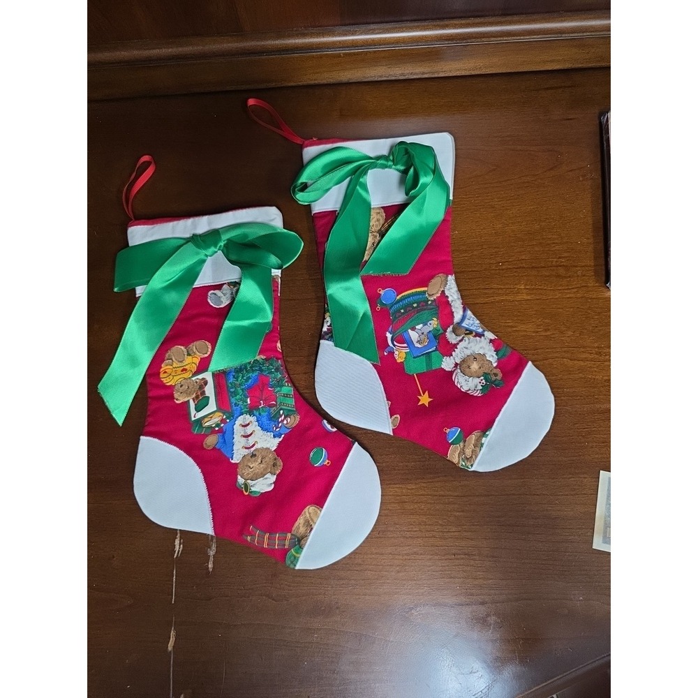 Vintage Handmade Christmas Stockings‎ Christmas Bear Set of 2
